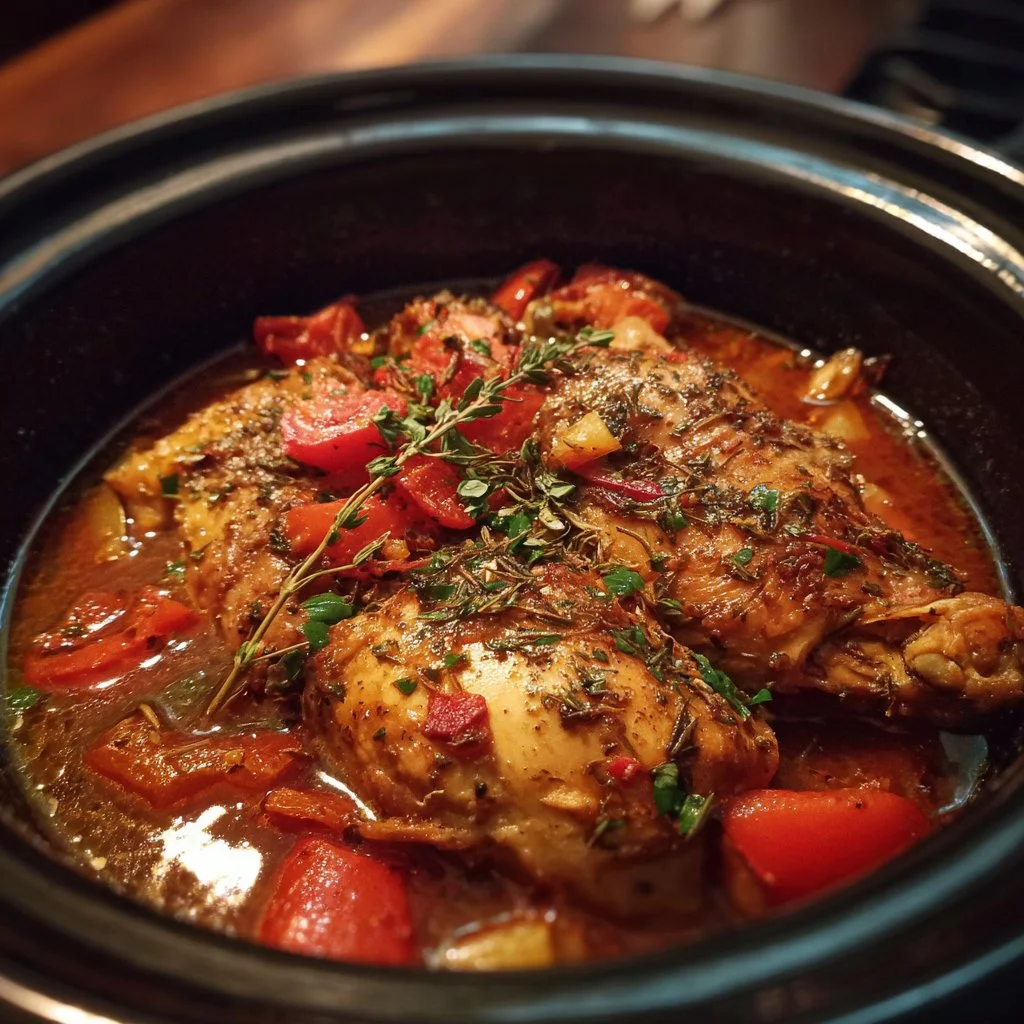Delicious Slow Cooker Greek Chicken garnished with herbs and lemon wedges.