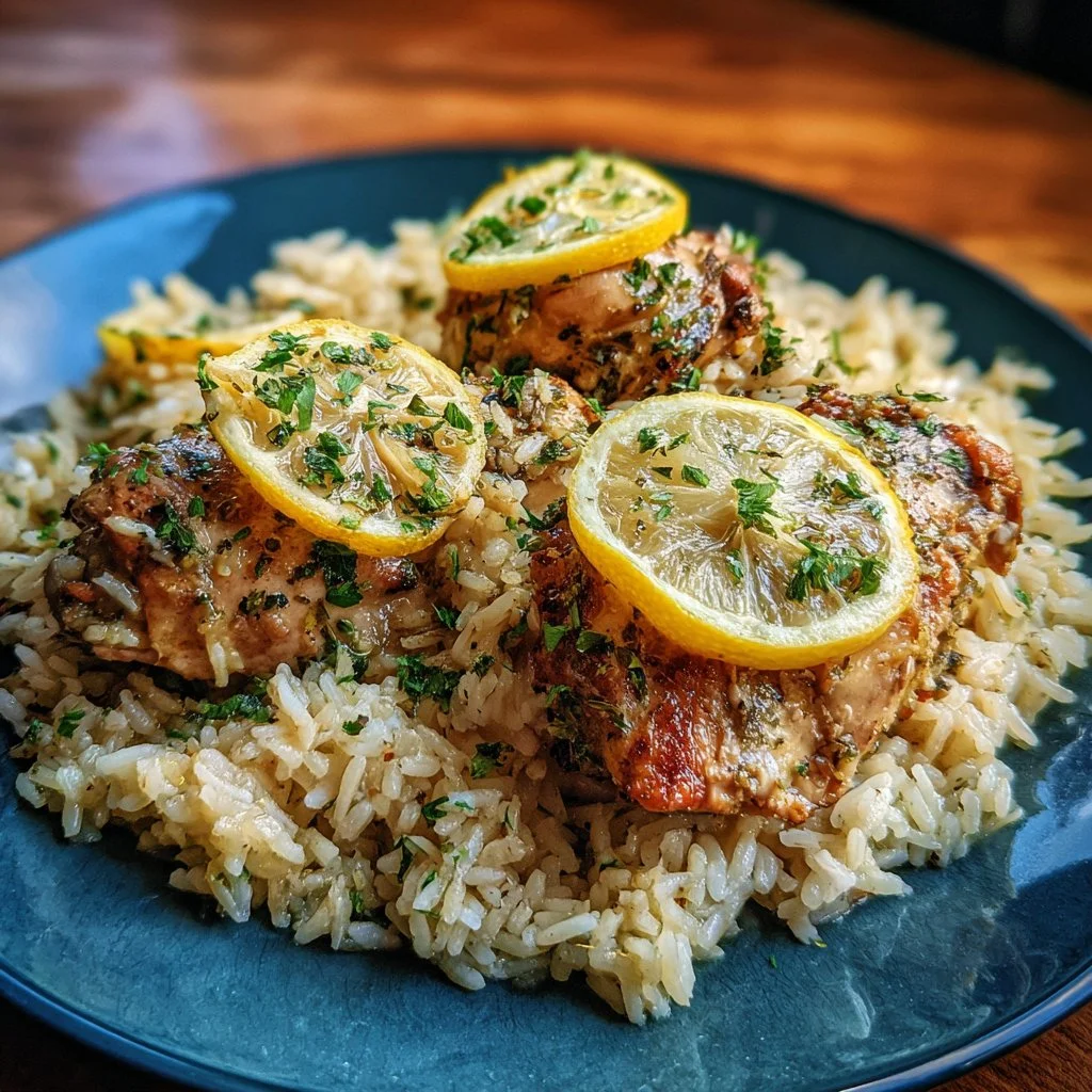 Slow cooker lemon herb chicken served with rice garnished with herbs