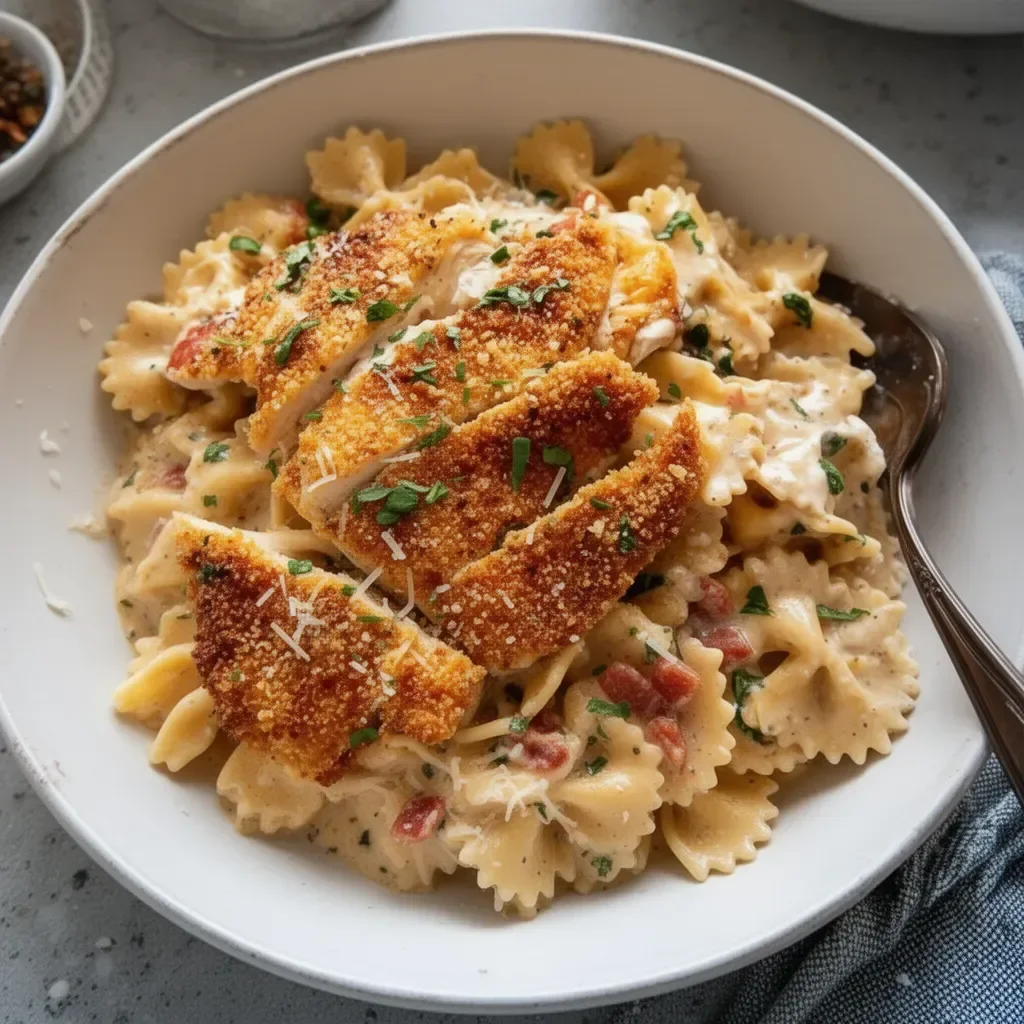 Creamy parmesan chicken pasta served with herbs and parmesan cheese.