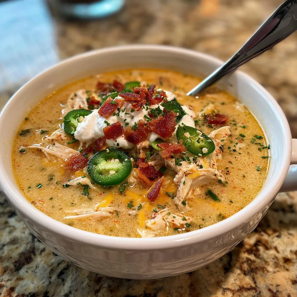 Bowl of spicy jalapeno popper chicken soup topped with cheese and jalapenos
