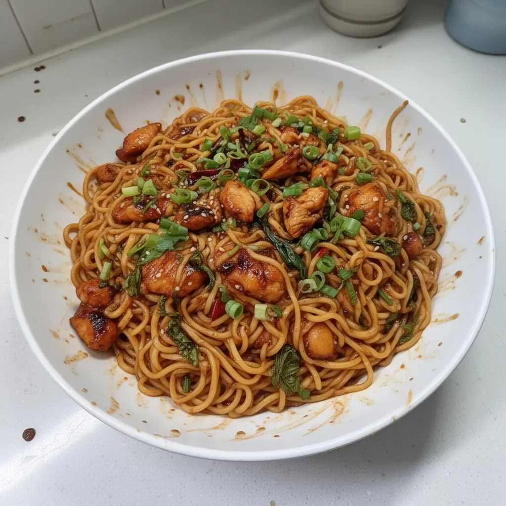 Delicious sticky garlic chicken noodles plated with fresh herbs and spices.