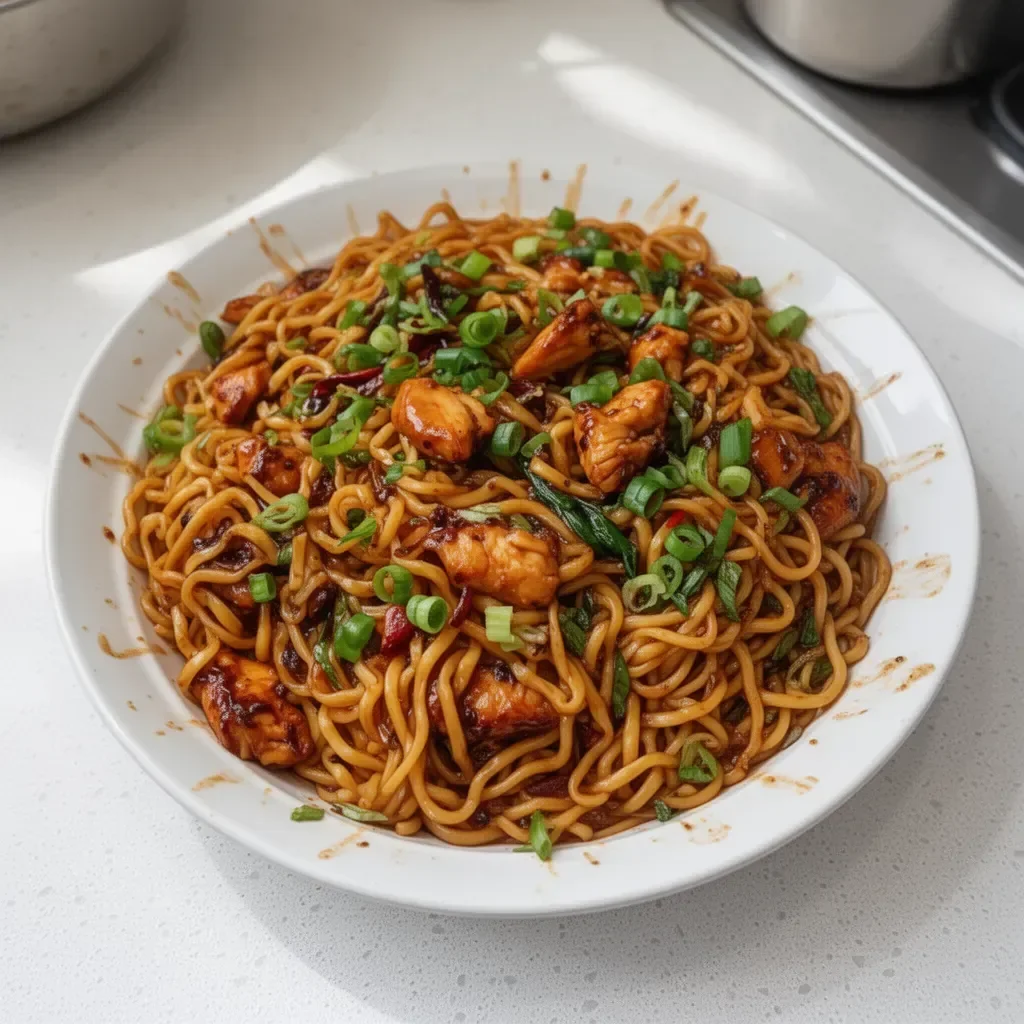 Sticky garlic chicken noodles served in a bowl with fresh herbs