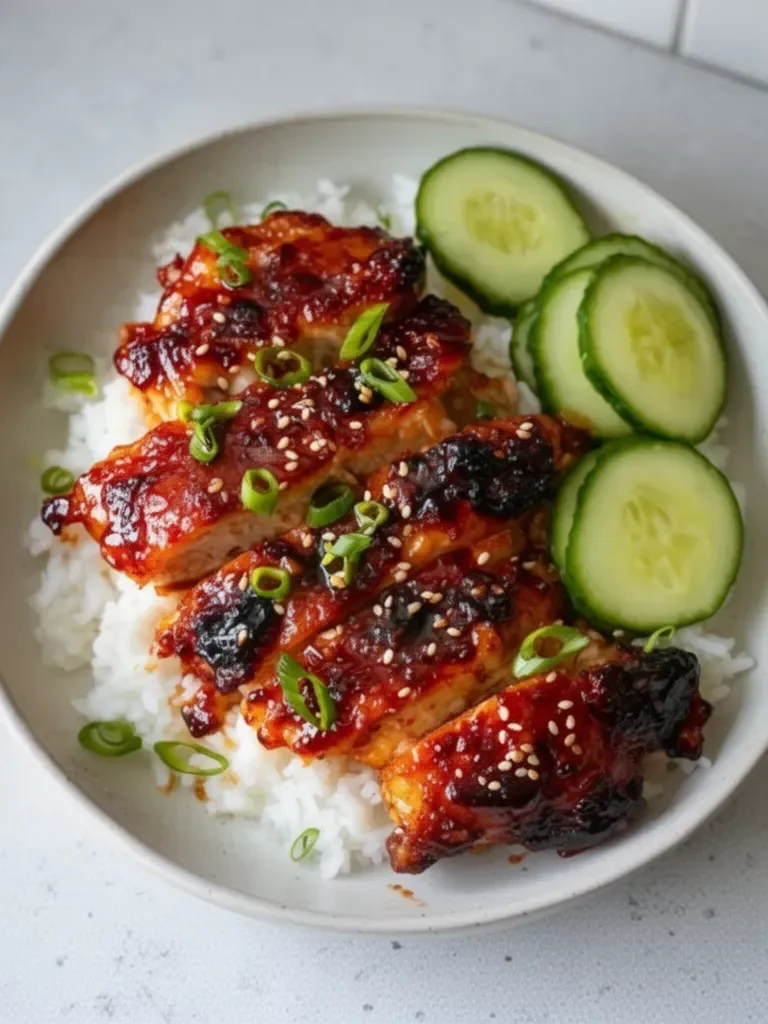 Sticky Honey Gochujang Chicken served on a plate with garnish
