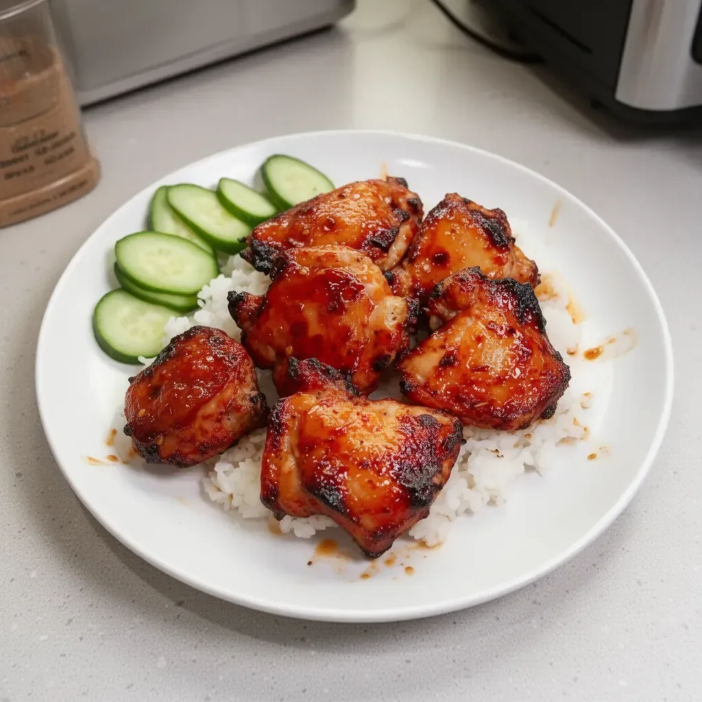 Sticky sweet chili chicken thighs cooked in an air fryer, garnished with green onions.