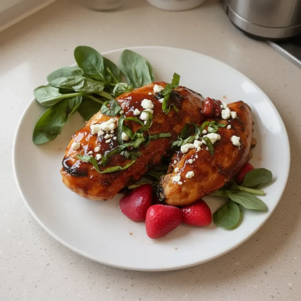 Delicious strawberry chicken dish garnished with fresh strawberries and herbs