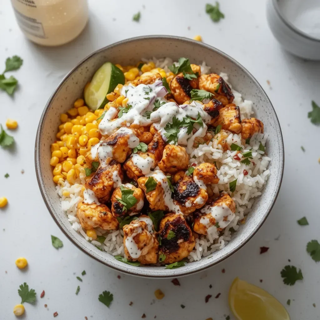 Delicious Street Corn Chicken Rice Bowl with grilled chicken, corn, and rice