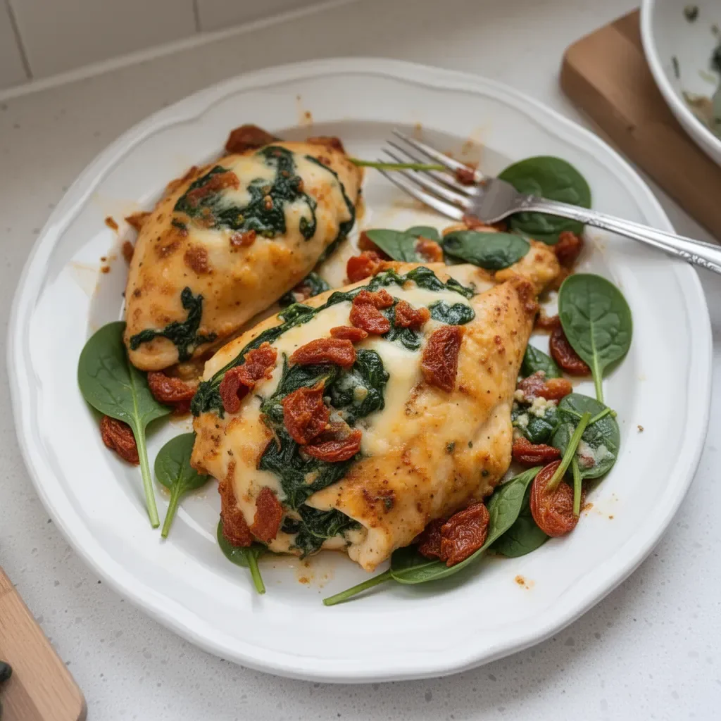Delicious sundried tomato, spinach, and cheese stuffed chicken ready to serve.