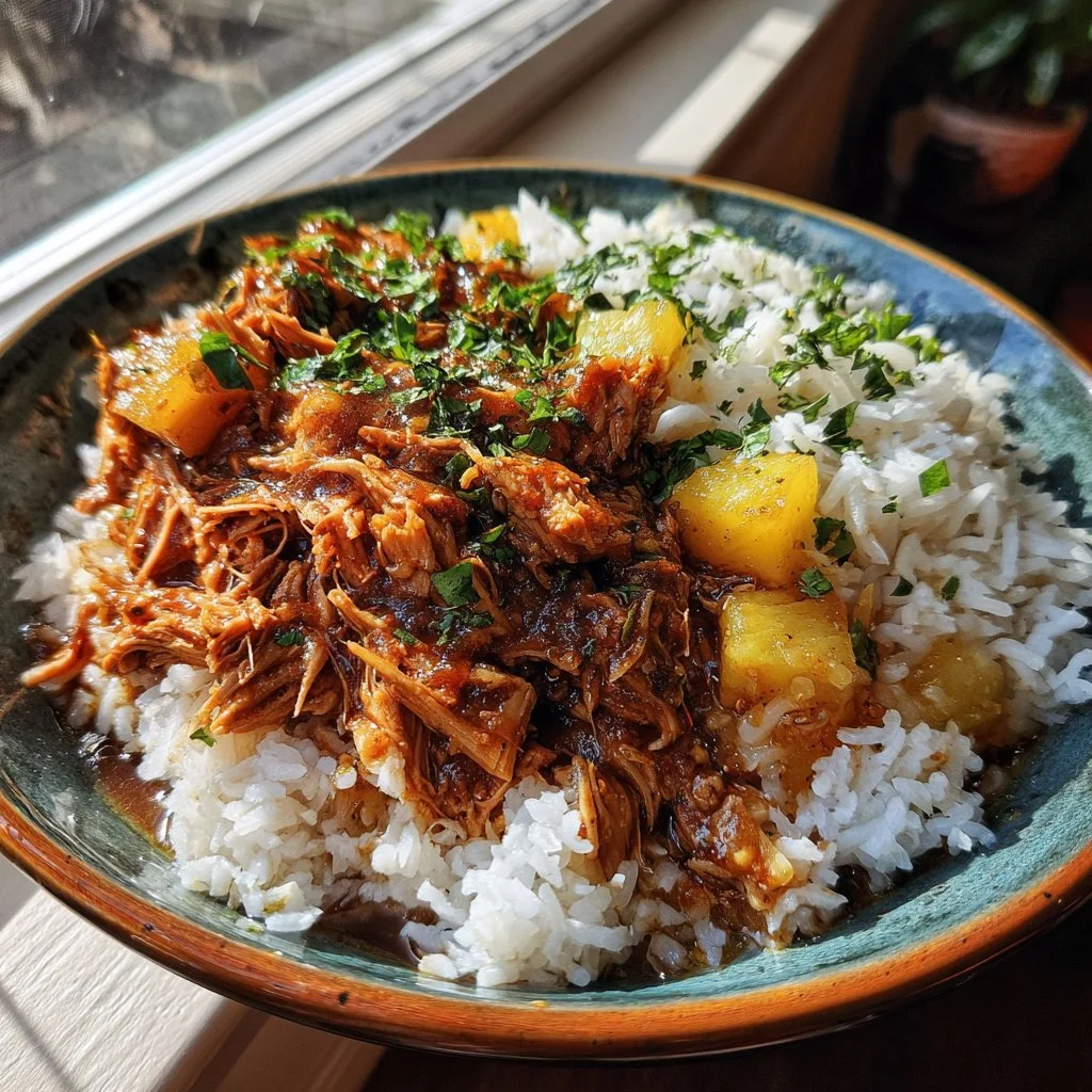 Sweet Hawaiian crockpot chicken dish served with rice and pineapple