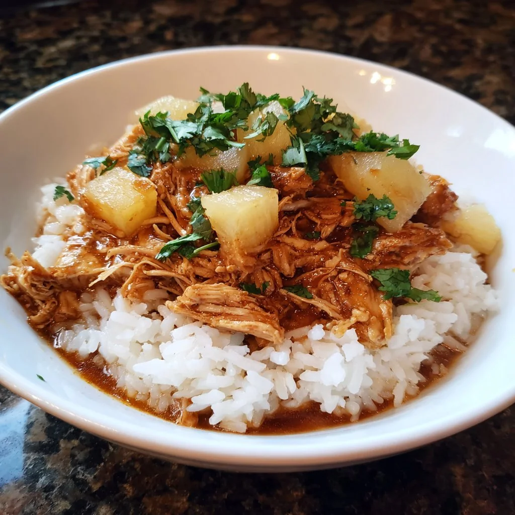 Sweet Hawaiian Crockpot Chicken served on a plate with pineapple and rice