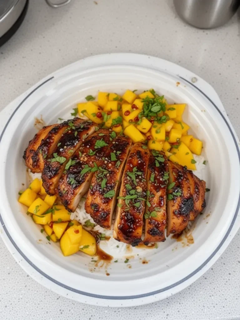 Mango glazed chicken with a sweet and savory twist, served on a plate.