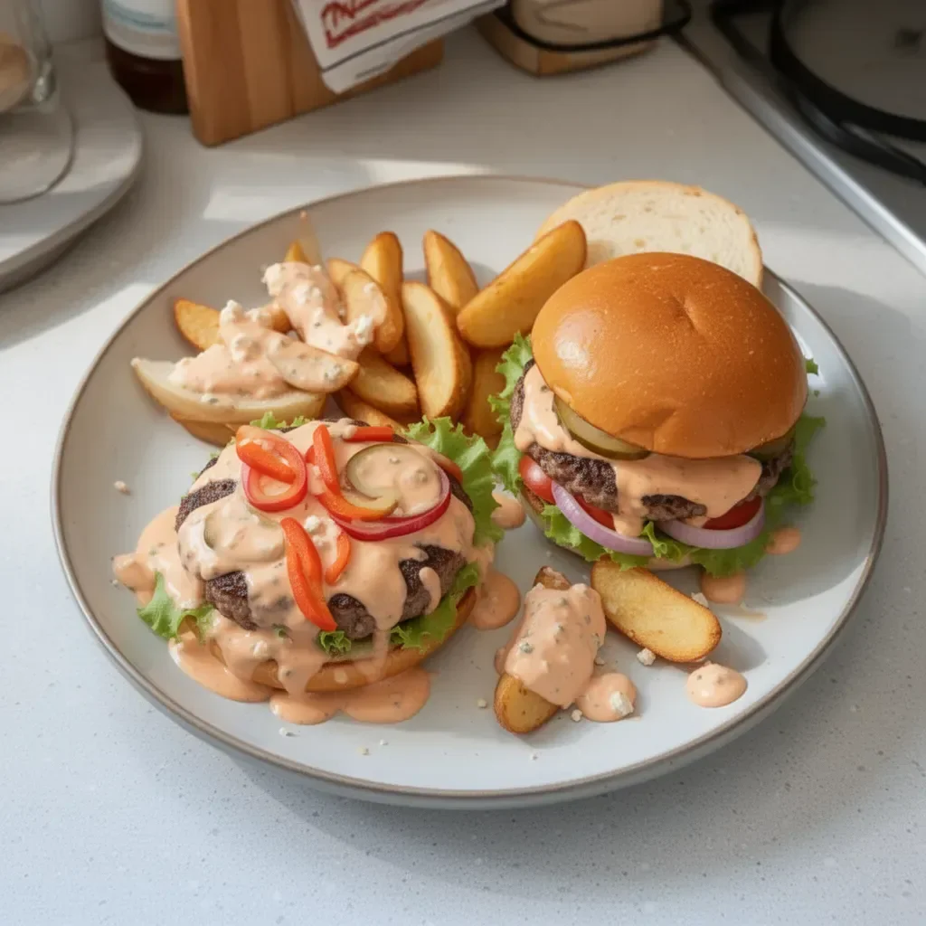 Tasty cottage cheese burger sauce served on a gourmet burger.