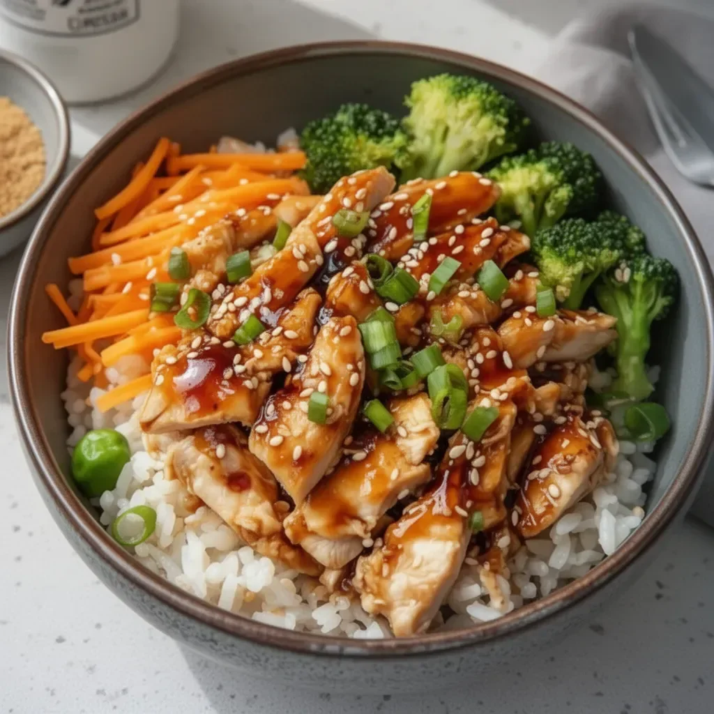 Delicious teriyaki chicken rice bowl garnished with fresh vegetables