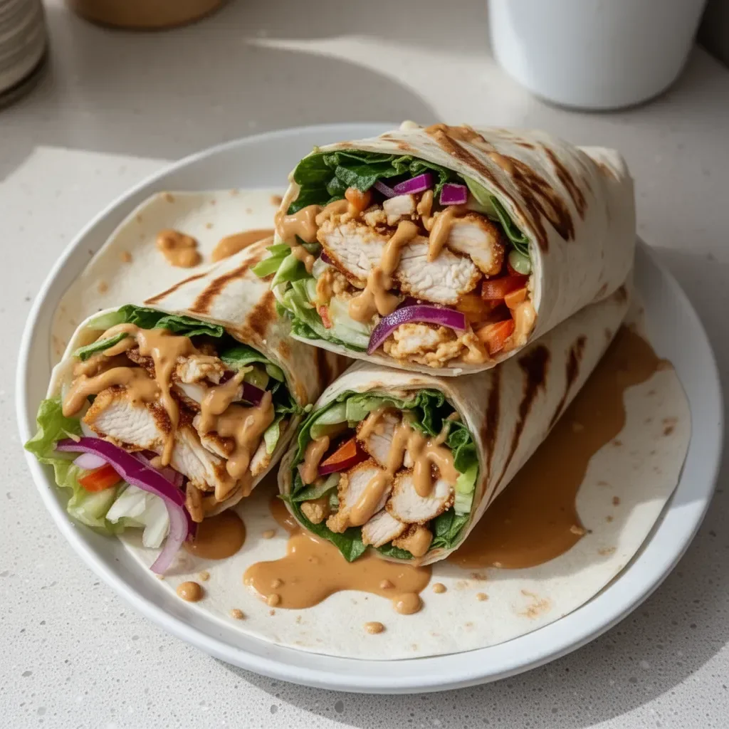 Thai Peanut Chicken Wraps with fresh vegetables and creamy peanut sauce.