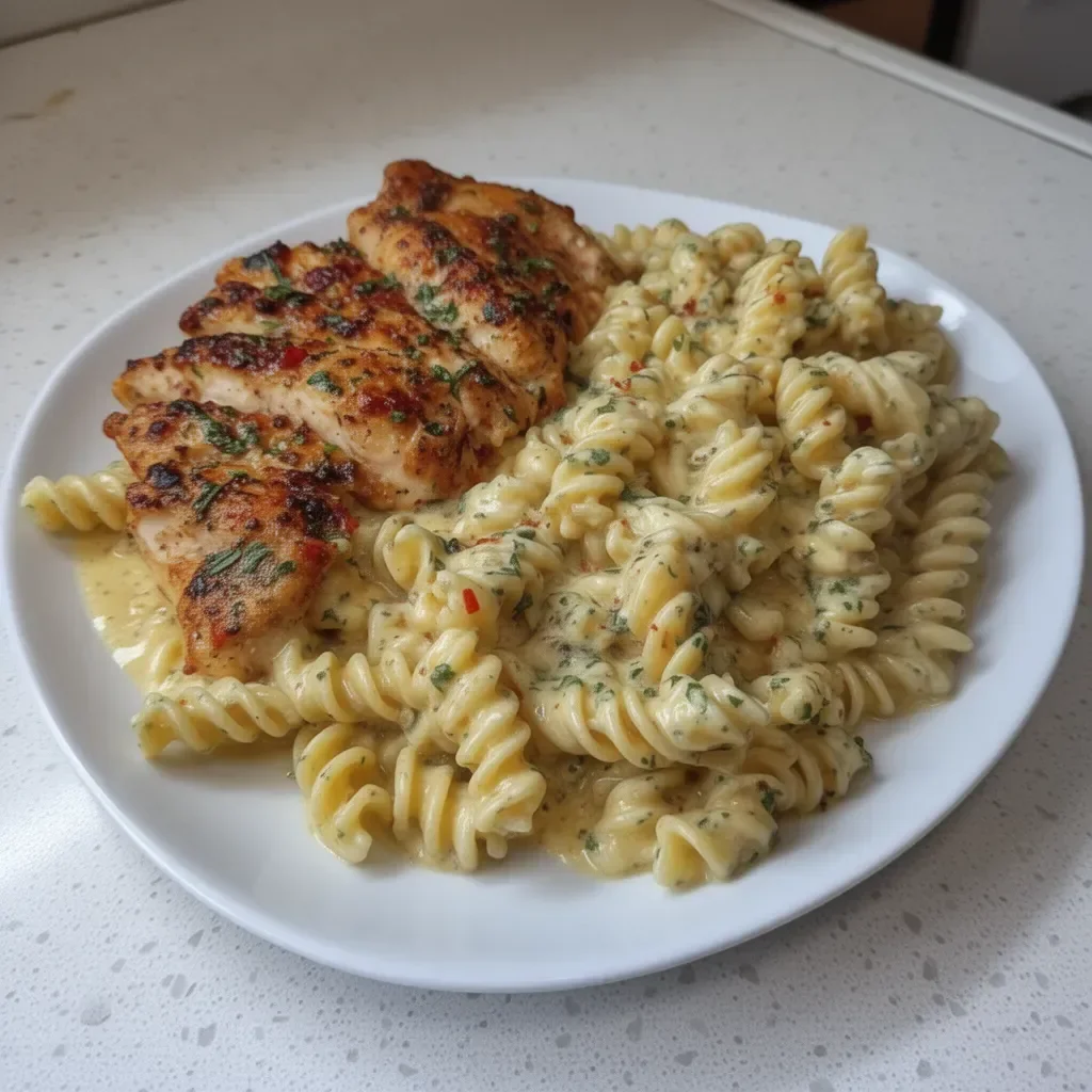 Twisted pasta with honey garlic chicken and parmesan cream sauce plated beautifully.