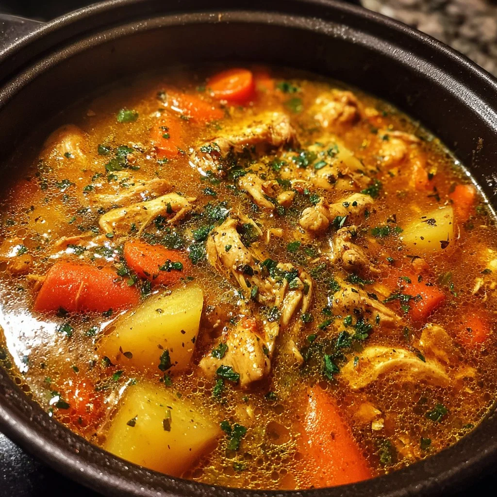 Bowl of Ultimate Comfort Chicken Stew with vegetables and herbs