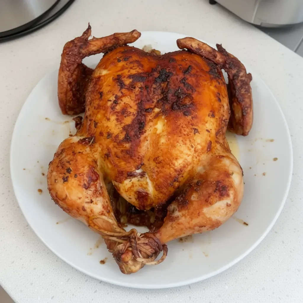 Juicy air fryer rotisserie chicken served on a plate with herbs.