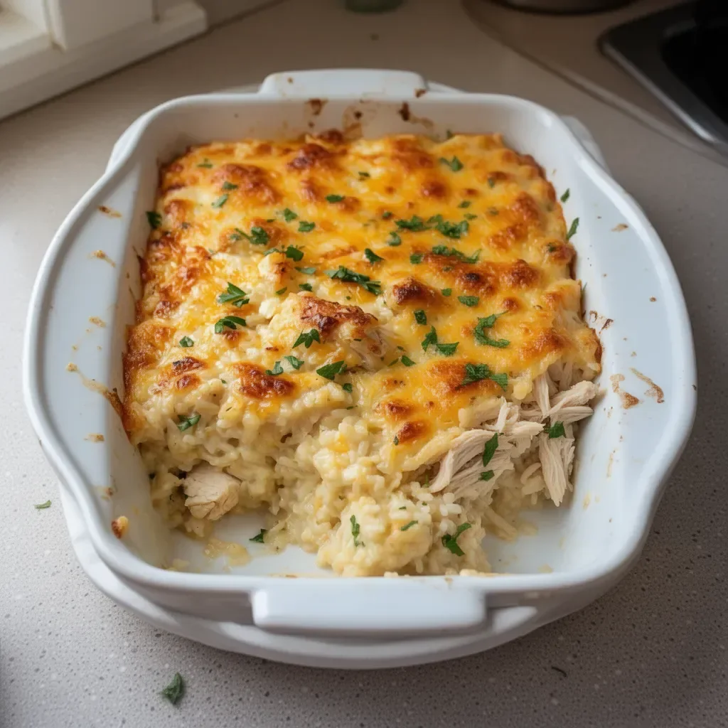 Delicious Angel Chicken Rice Casserole topped with herbs and spices