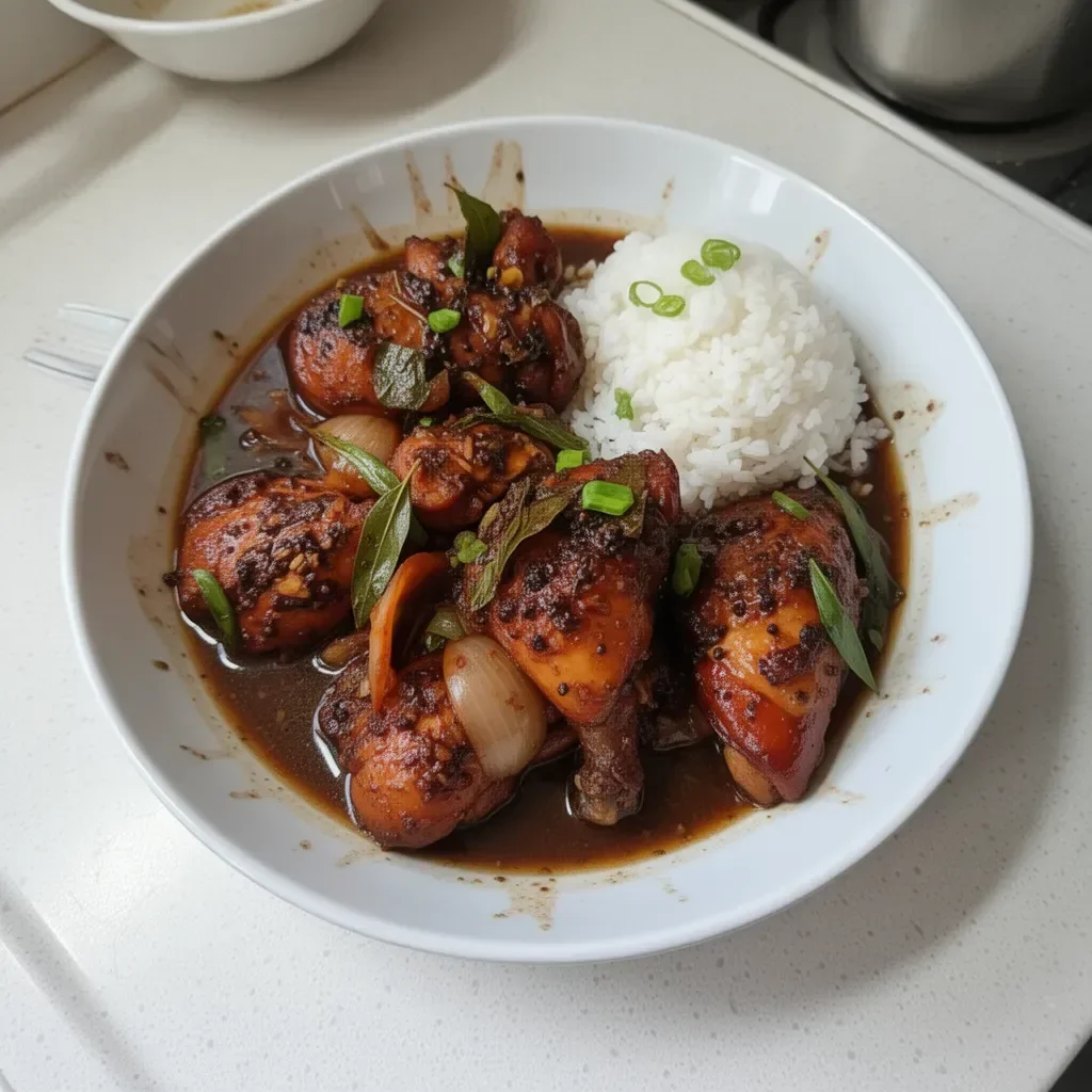 Delicious plate of authentic Filipino Chicken Adobo served with rice.