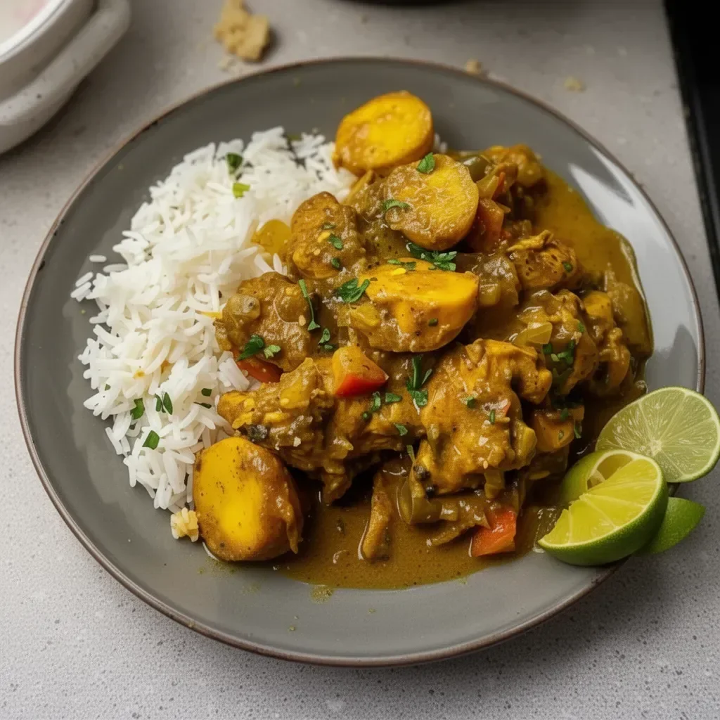 Delicious Authentic Jamaican Curry Chicken served with rice and vegetables