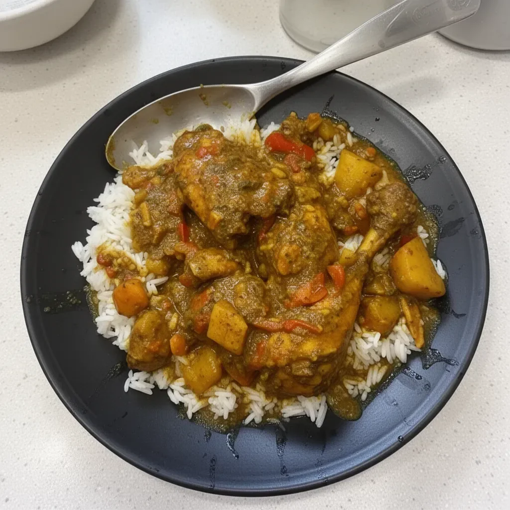Delicious plate of authentic Jamaican Curry Chicken with vibrant spices.