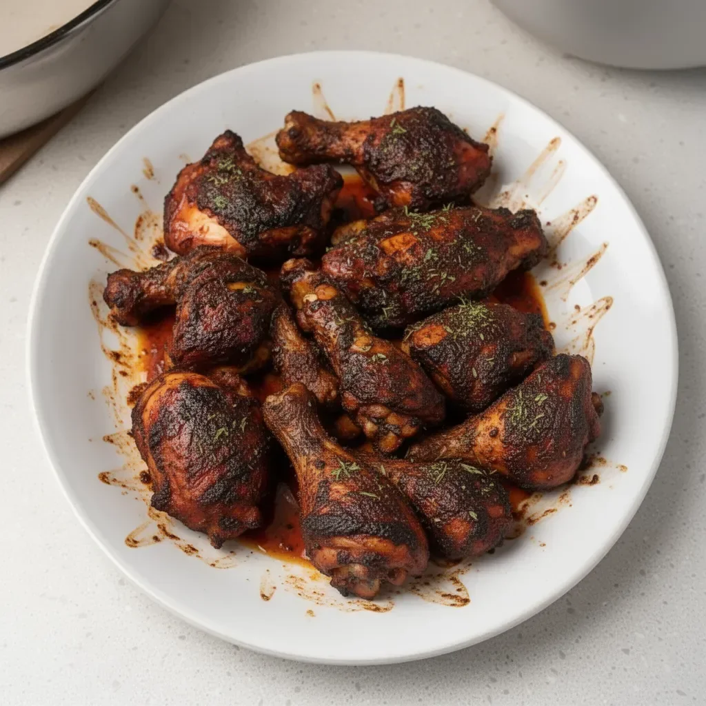 Plate of authentic Jamaican Jerk Chicken garnished with herbs and spices