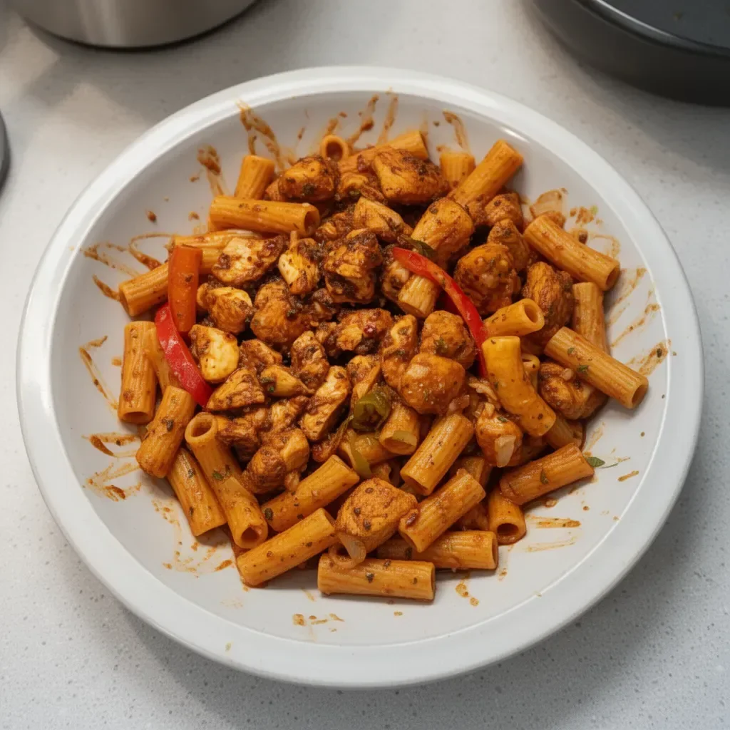 Delicious plate of authentic jerk chicken rasta pasta with vibrant colors