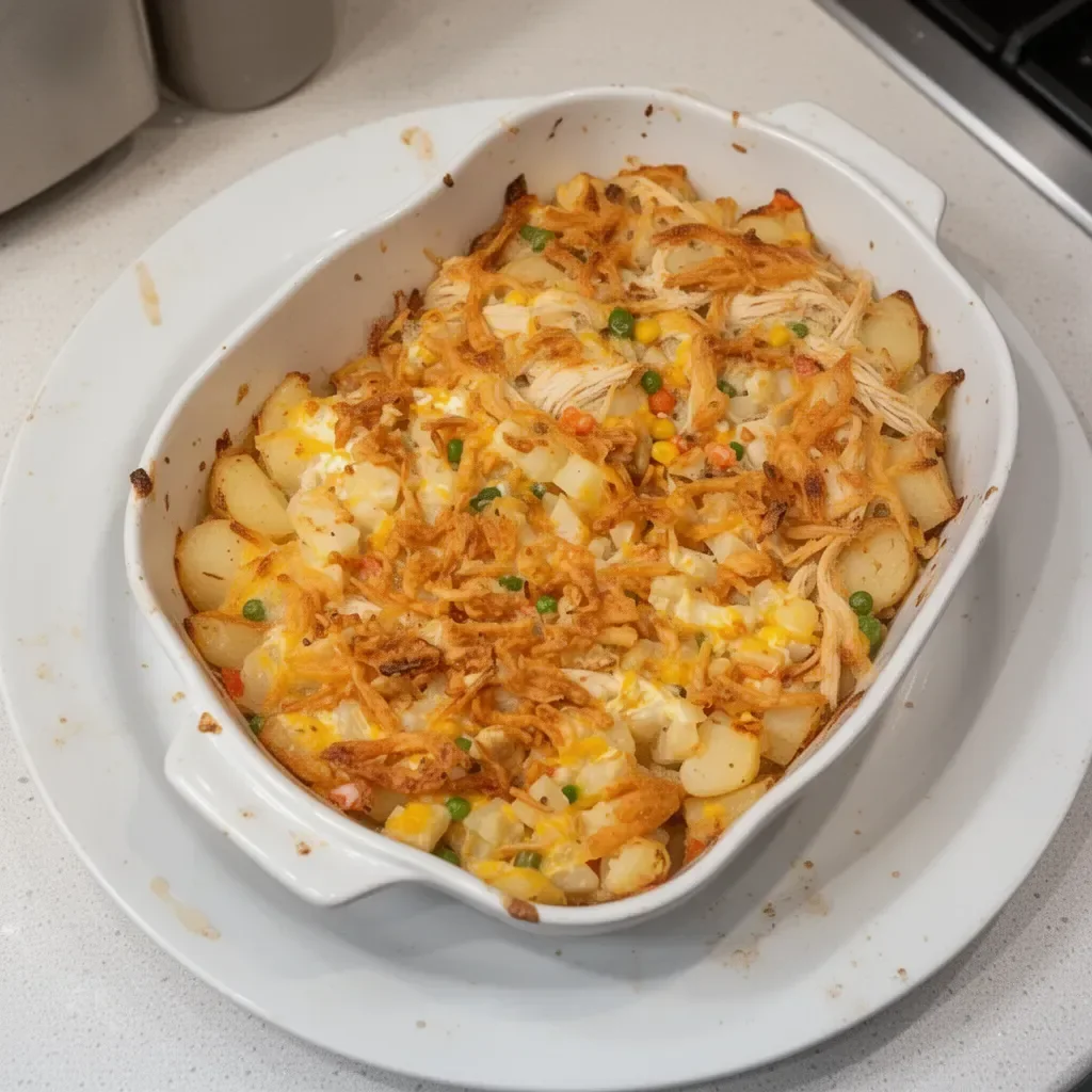Baked Chicken and Potato Casserole dish garnished with herbs