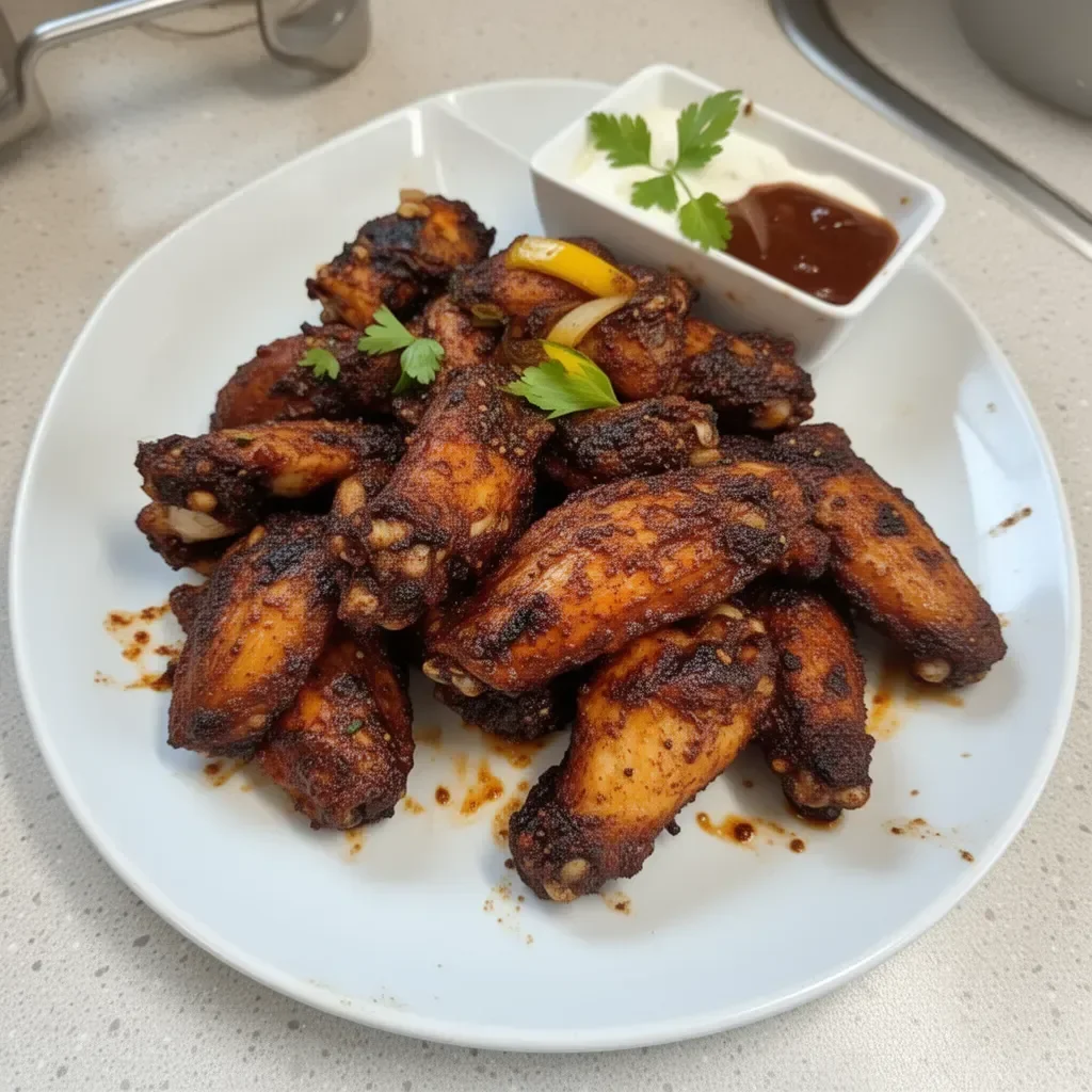 Baked Jamaican jerk chicken wings seasoned with spices and herbs
