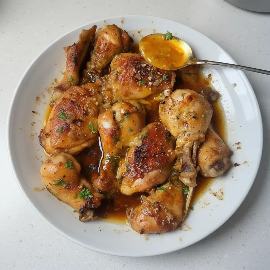 Baked lemon butter chicken garnished with herbs on a white plate.