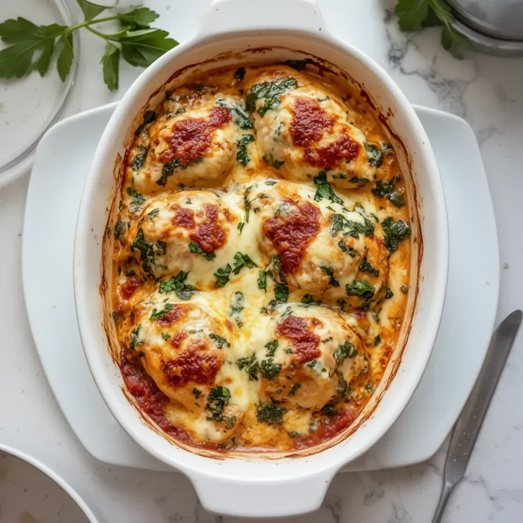 Delicious Baked Tuscan Chicken Casserole served with herbs and cheese