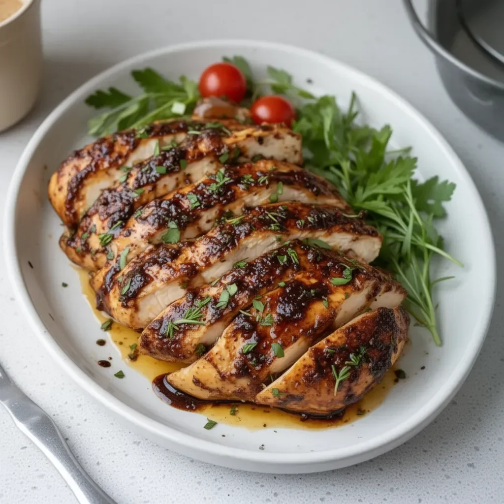 Juicy balsamic baked chicken breast garnished with herbs