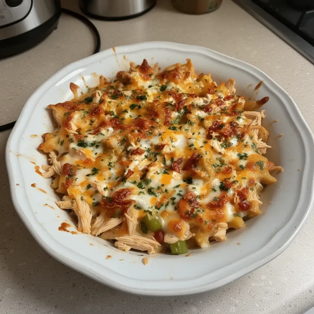 BBQ Ranch Chicken Casserole served in a baking dish with toppings