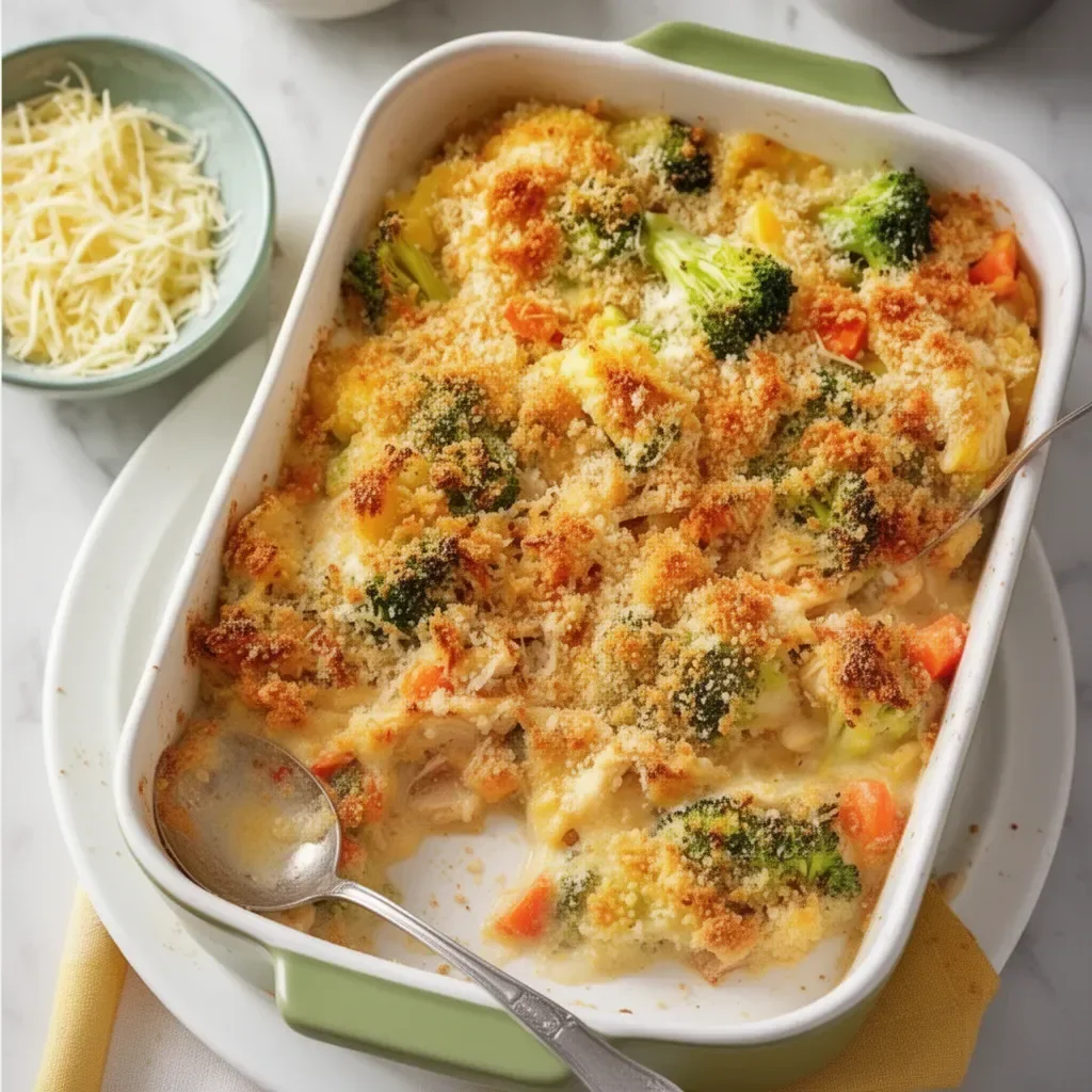 Delicious rotisserie chicken casserole topped with cheese and vegetables