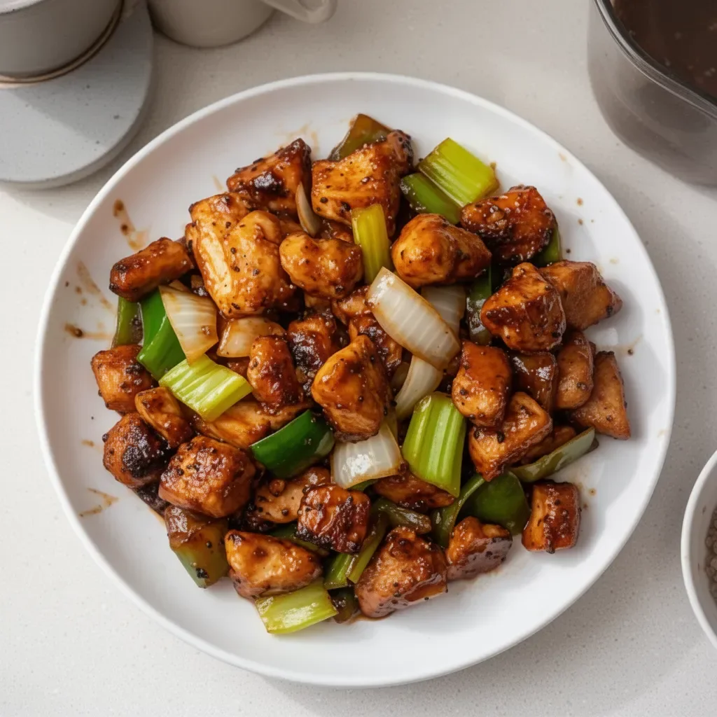Delicious Black Pepper Chicken dish garnished with fresh herbs.
