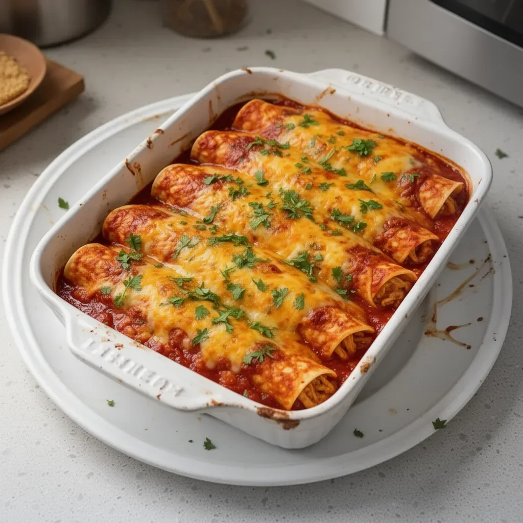 Bobby Flay's chicken enchiladas recipe served on a plate with garnishes.