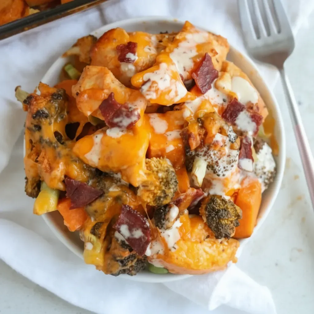 Buffalo Chicken Sweet Potato Casserole topped with melted cheese and green onions