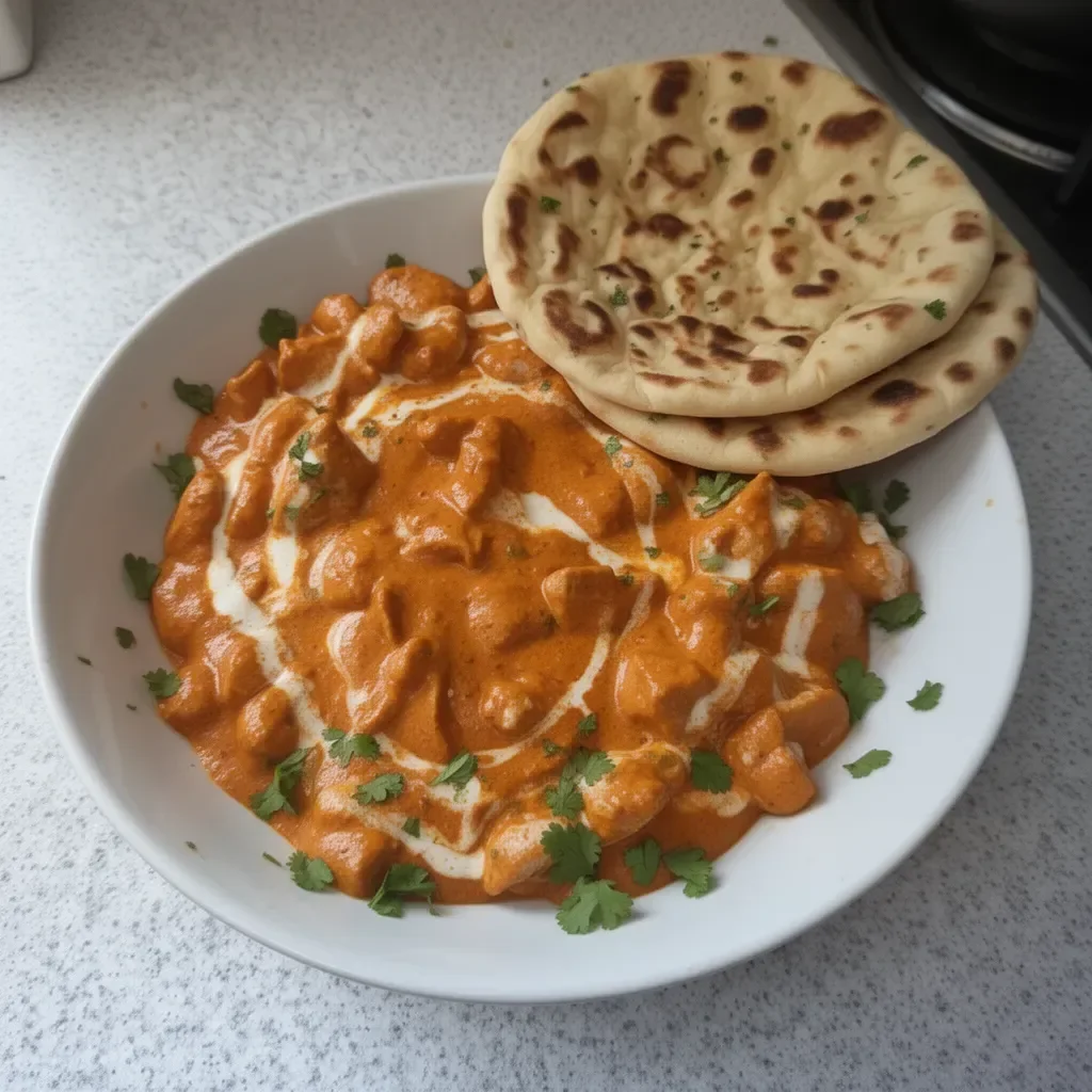 Delicious Butter Chicken served with freshly baked Garlic Naan.