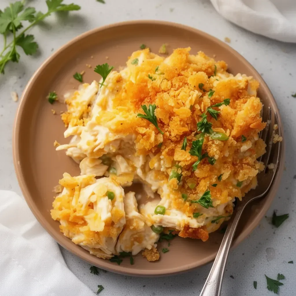 Buttery Million Dollar Chicken Casserole topped with golden breadcrumbs