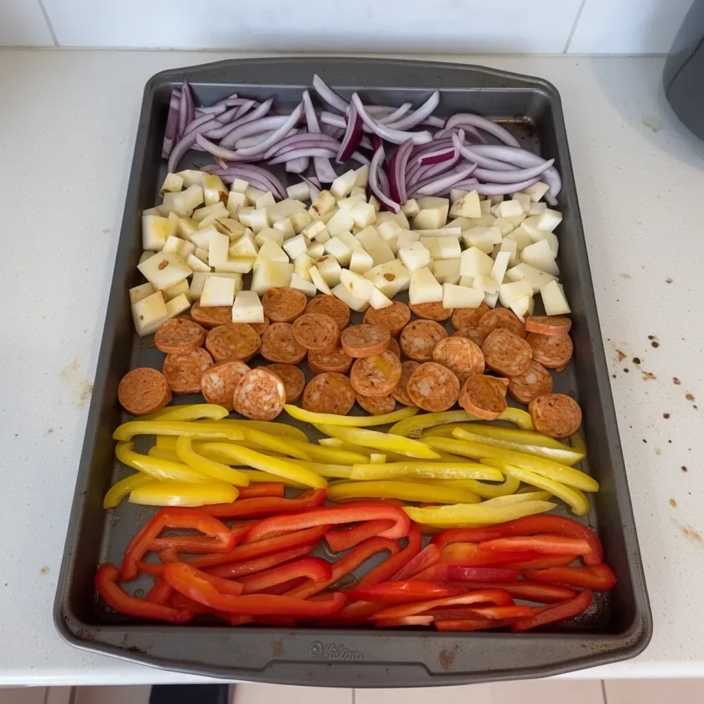 Cajun inspired sheet pan dinner with vibrant vegetables and seasoned chicken