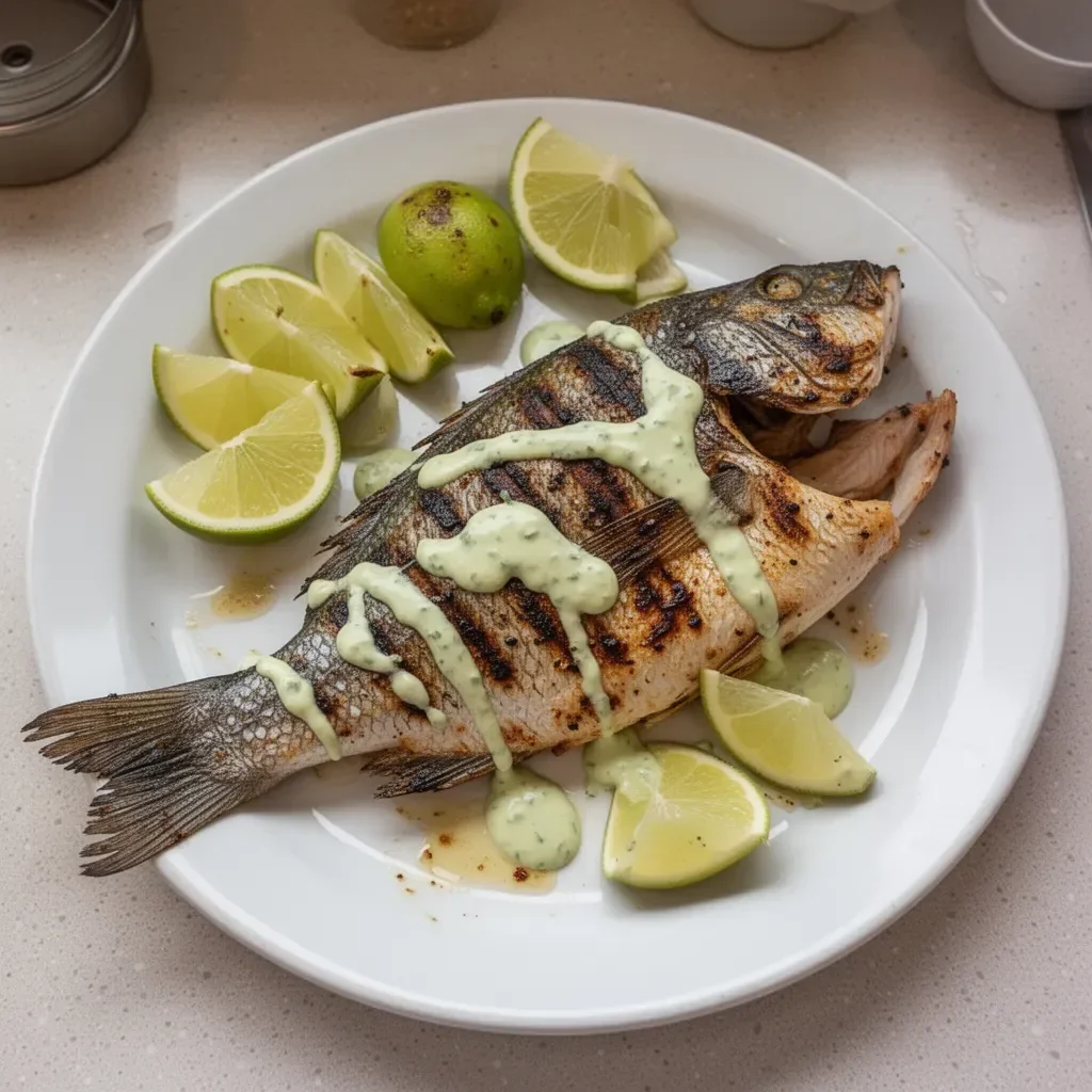 Caribbean grilled snapper served with garlic aioli on a wooden plate