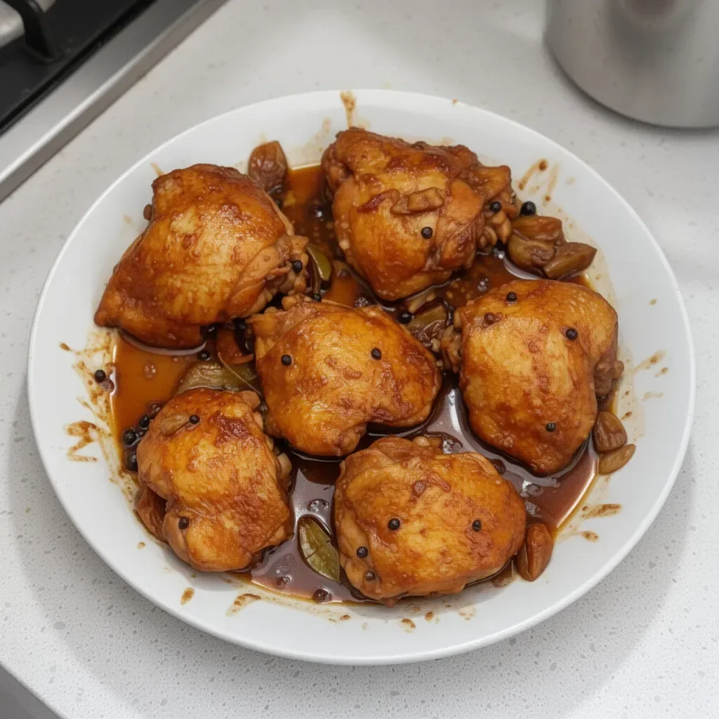 Delicious Chicken Adobo served with rice and garnished with herbs.