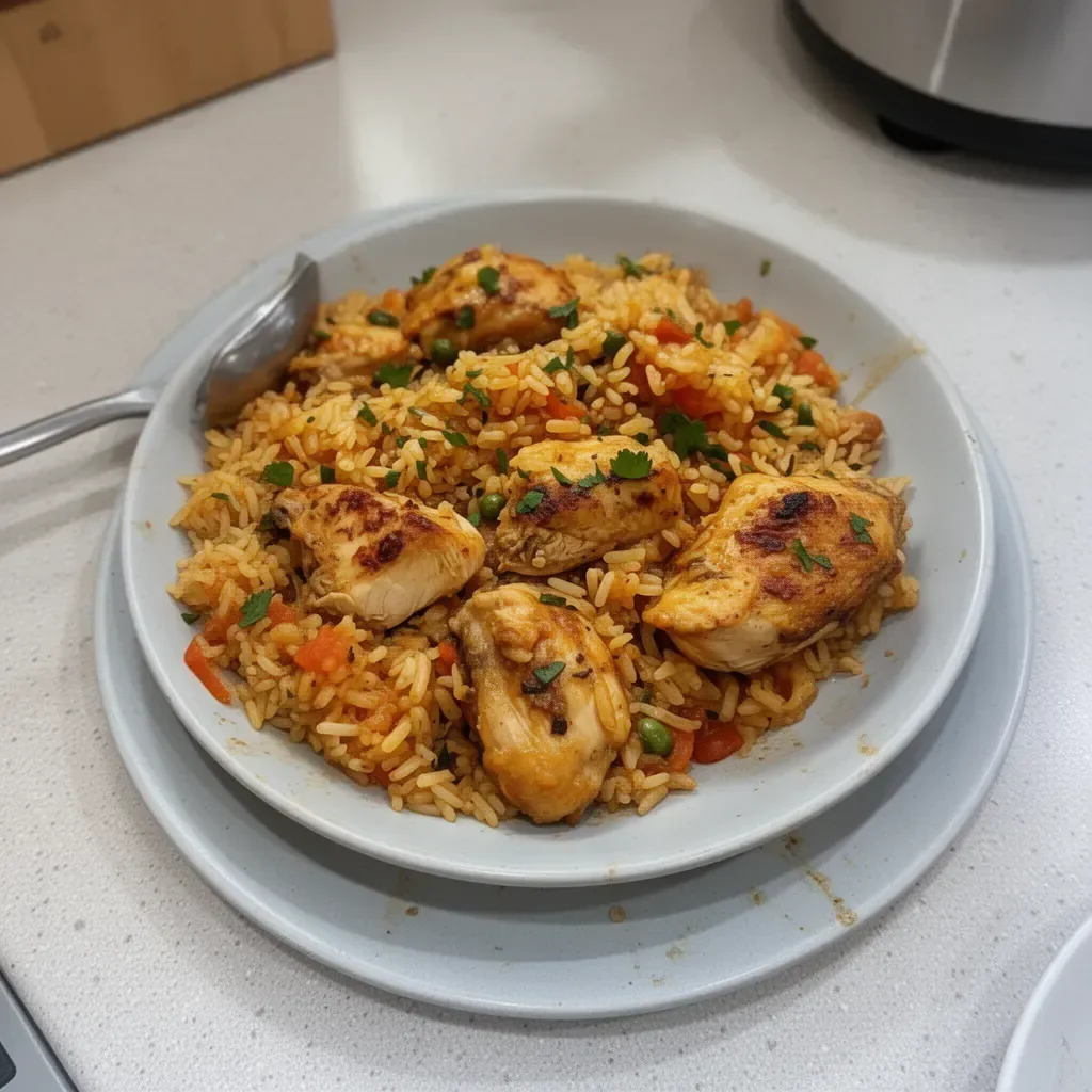 Delicious Chicken and Rice served in a bowl, garnished with parsley
