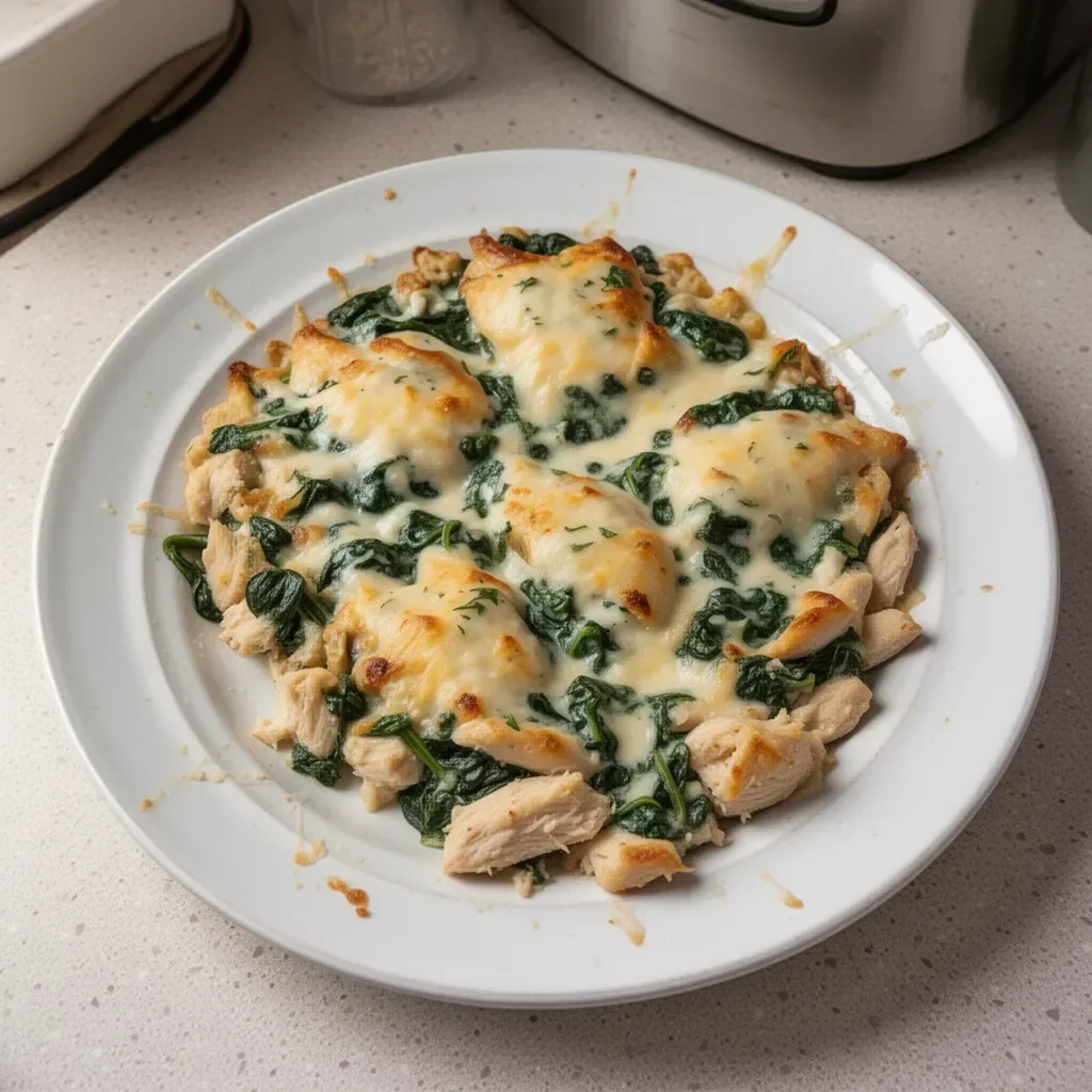 Delicious chicken and spinach casserole prepared in a baking dish