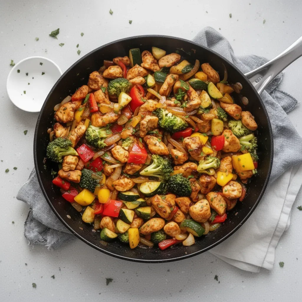 Chicken and vegetables skillet cooked to perfection for a healthy meal
