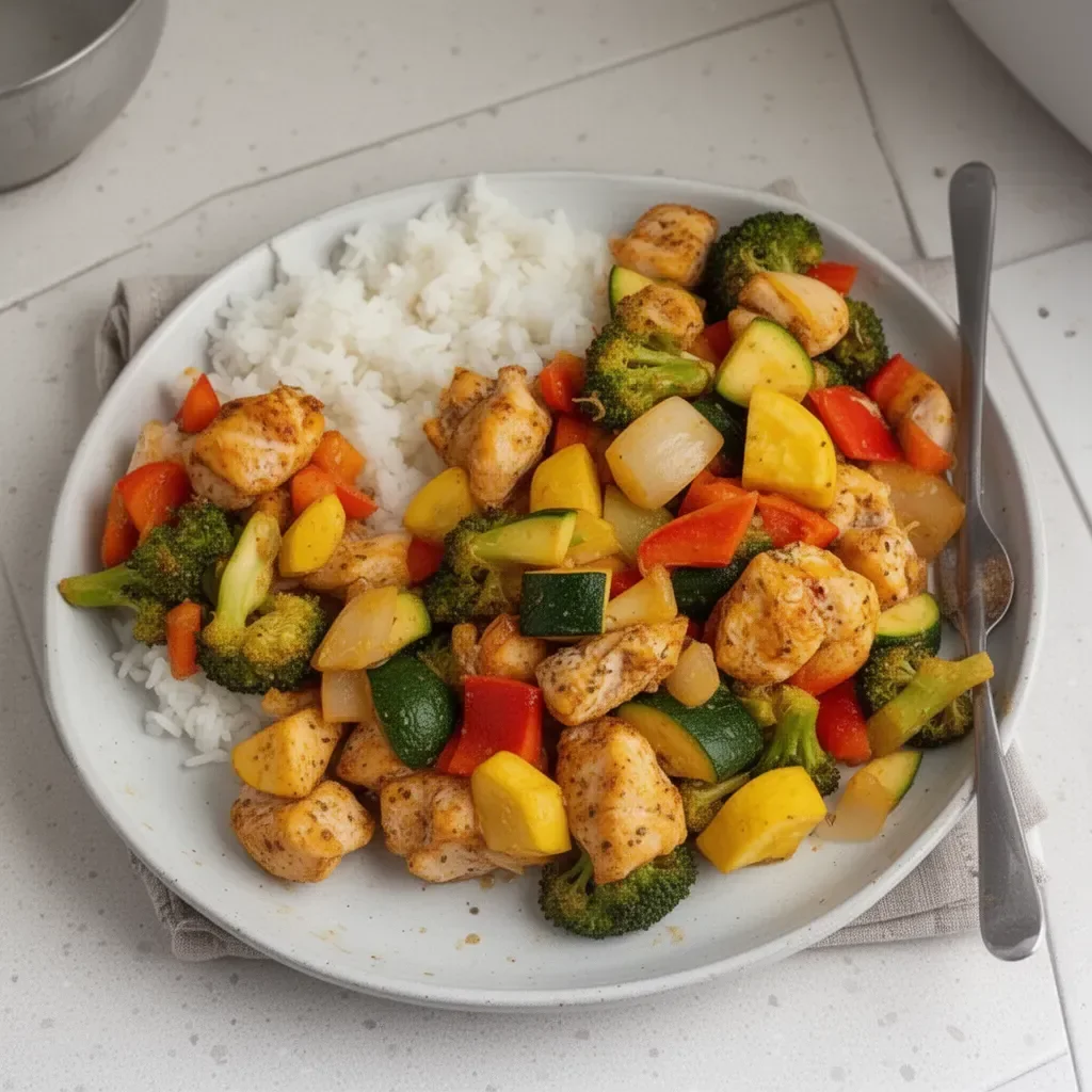 Sheet pan chicken with mixed vegetables freshly baked on a tray.
