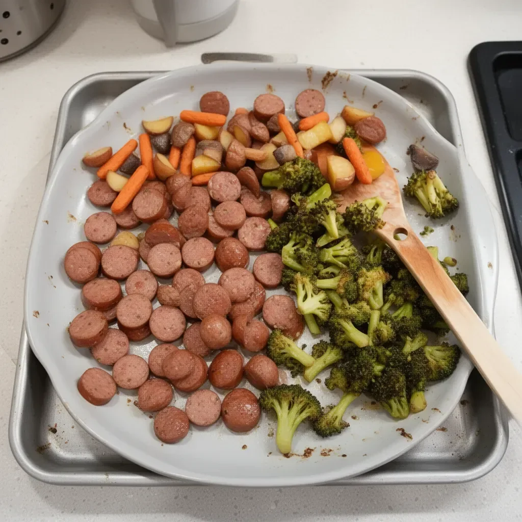 Sheet pan dinner with chicken apple sausage and roasted vegetables