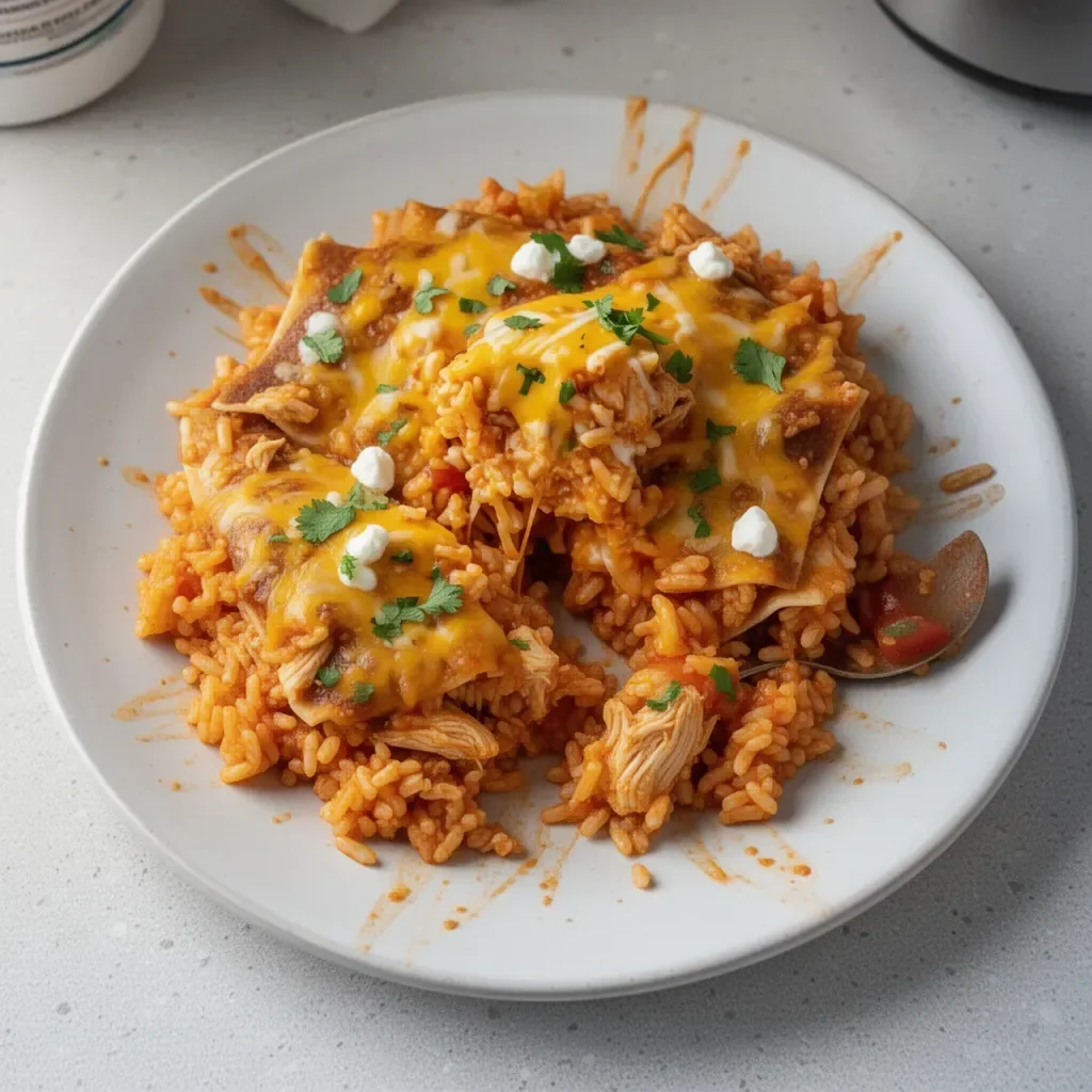 Delicious Chicken Enchilada Rice Casserole topped with cheese and spices.