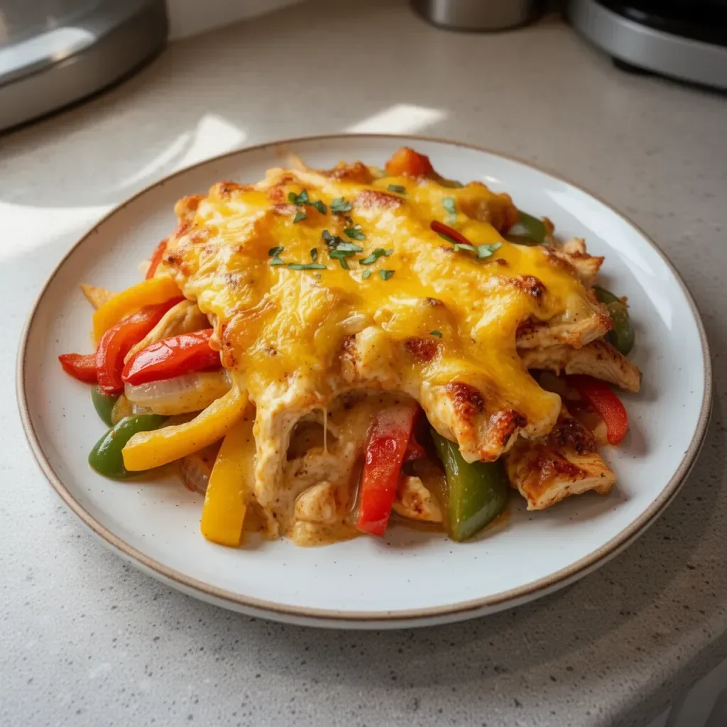 Chicken Fajita Casserole topped with colorful bell peppers and spices