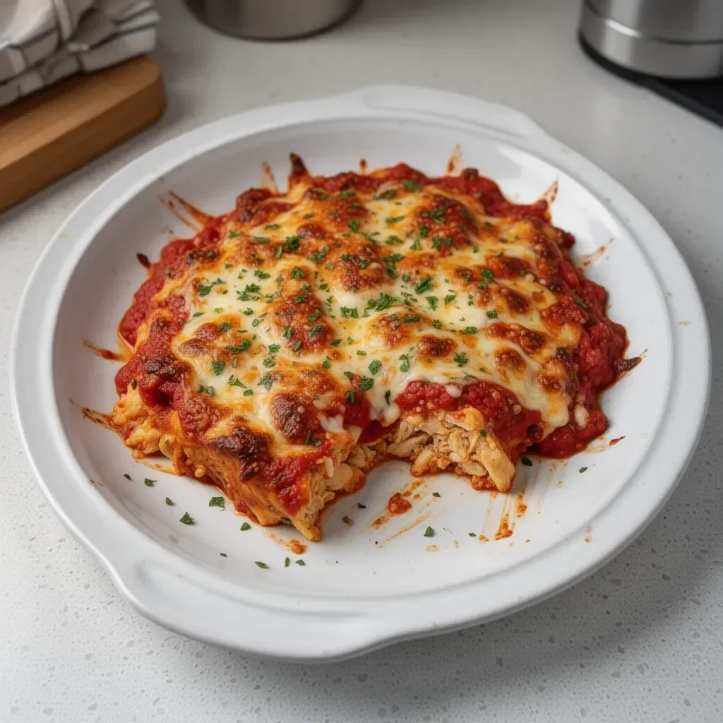Baked Chicken Parmesan Casserole topped with cheese and herbs