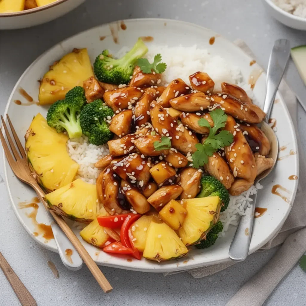 Chicken Teriyaki Pineapple Bowls served in a vibrant pineapple shell with colorful vegetables.